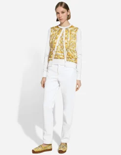 Silk cardigan with majolica-print silk twill panel on the front