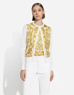 Silk cardigan with majolica-print silk twill panel on the front