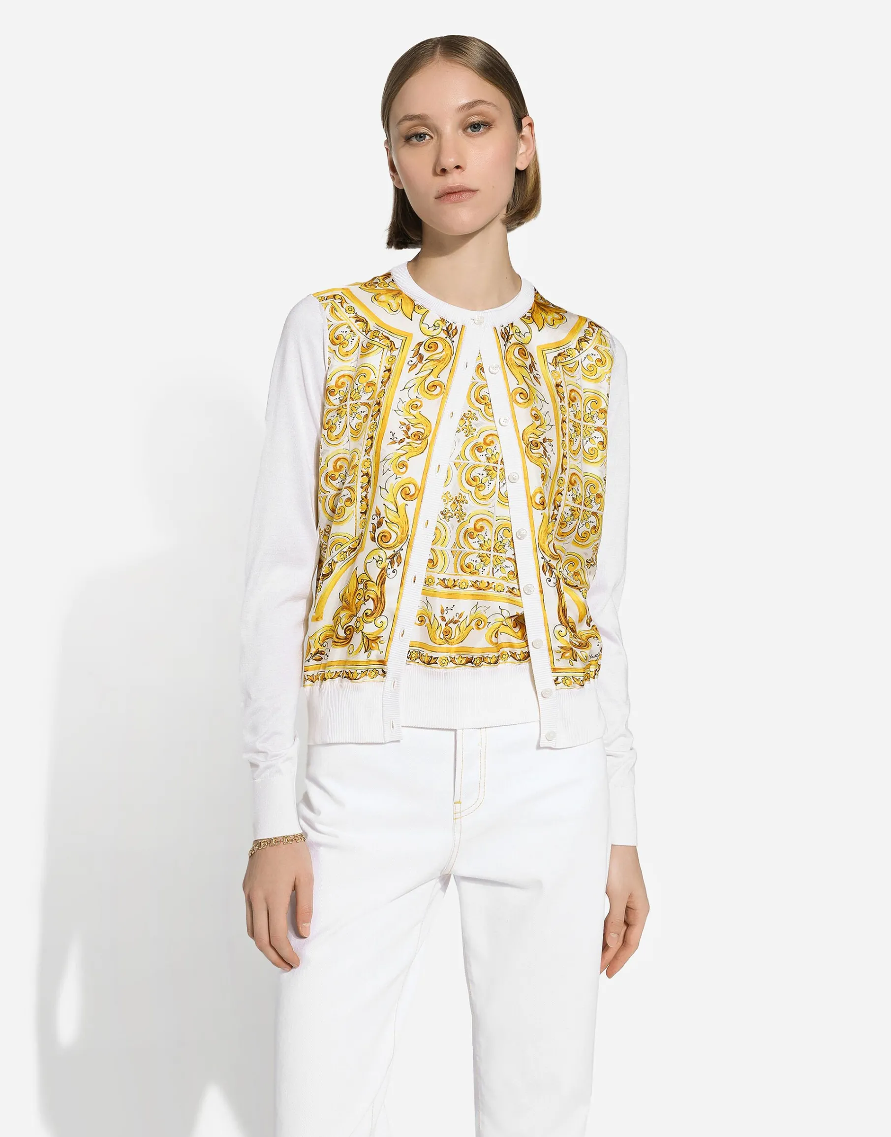 Silk cardigan with majolica-print silk twill panel on the front