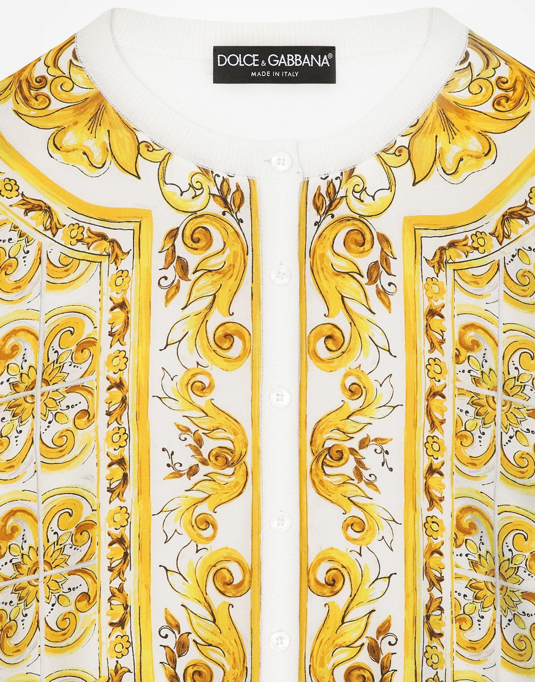 Silk cardigan with majolica-print silk twill panel on the front