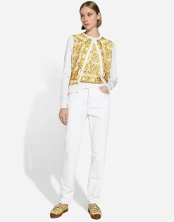Silk cardigan with majolica-print silk twill panel on the front