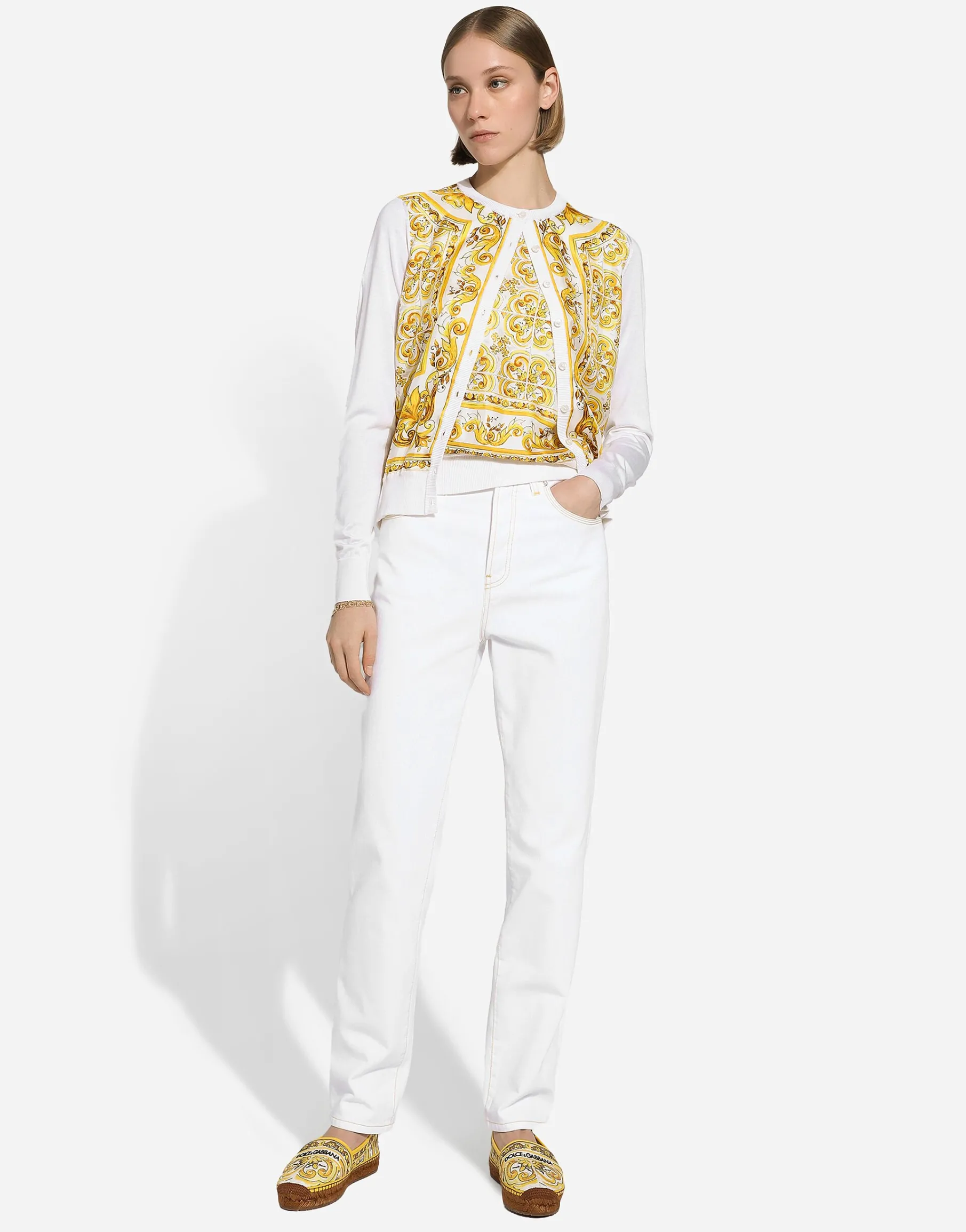 Silk cardigan with majolica-print silk twill panel on the front
