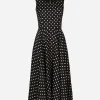 Silk charmeuse calf-length circle-skirt dress with polka-dot print