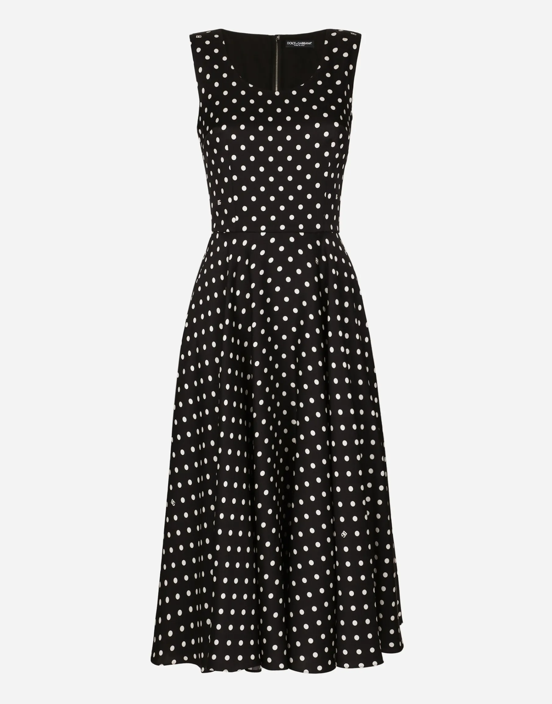 Silk charmeuse calf-length circle-skirt dress with polka-dot print