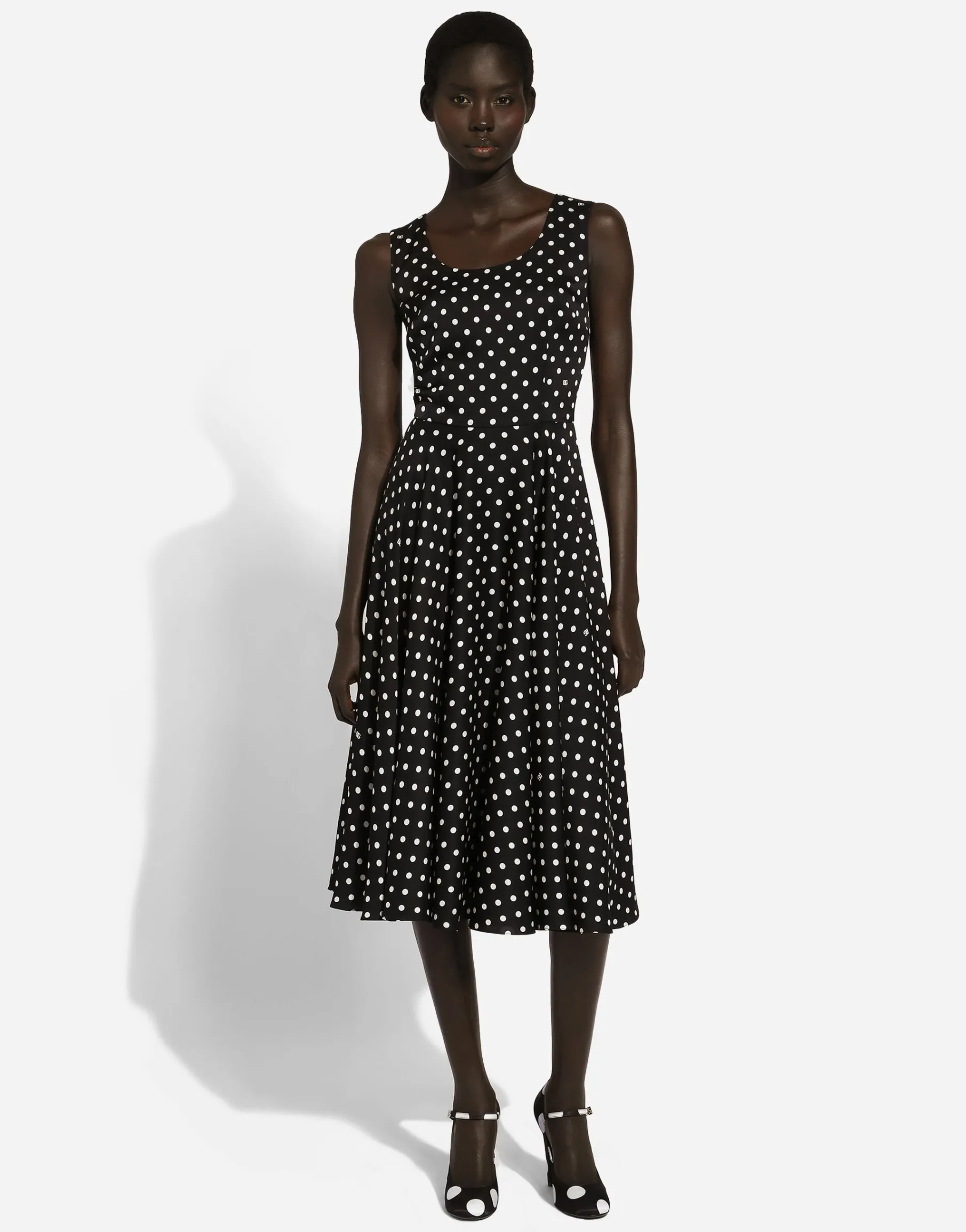 Silk charmeuse calf-length circle-skirt dress with polka-dot print