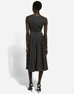 Silk charmeuse calf-length circle-skirt dress with polka-dot print