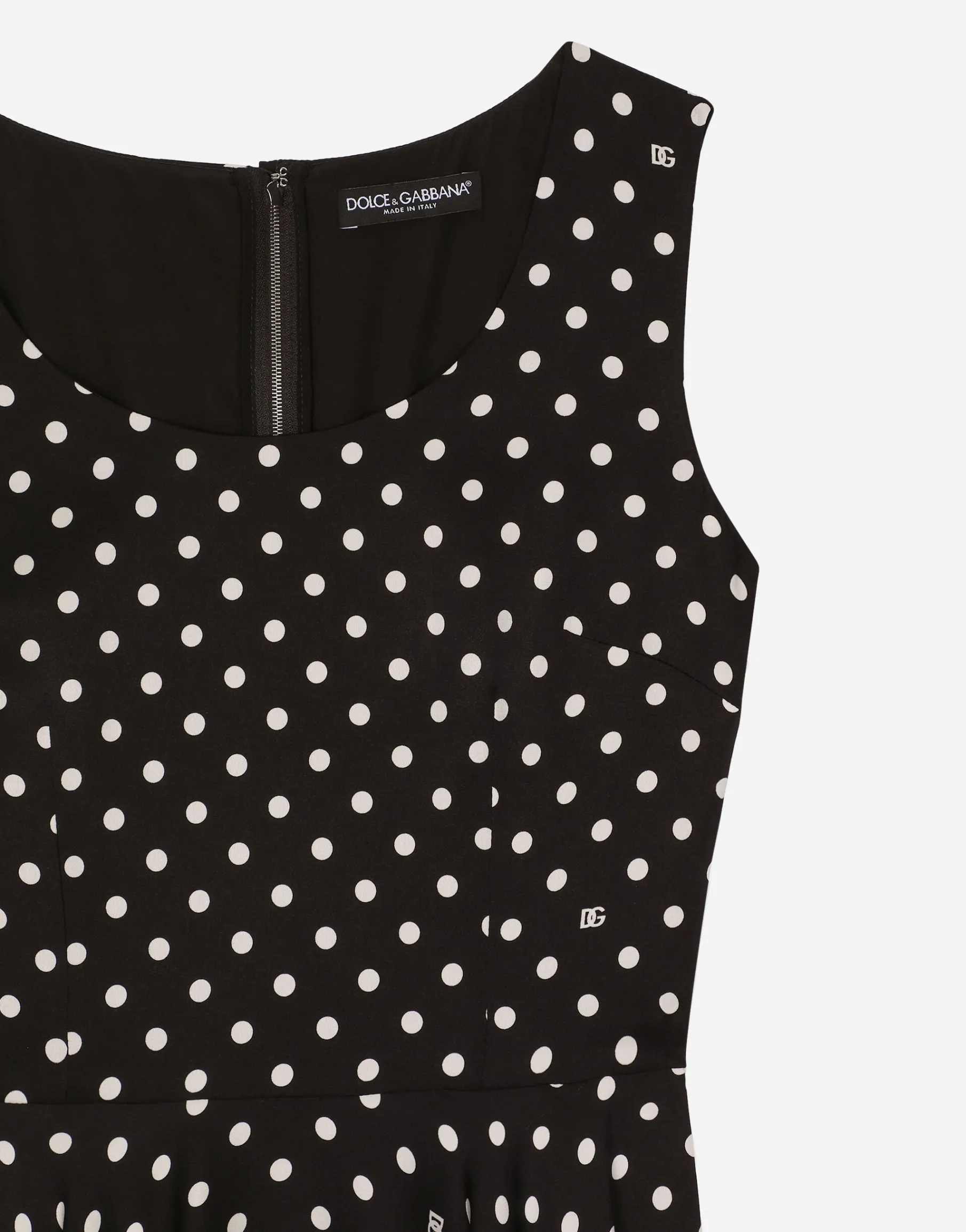 Silk charmeuse calf-length circle-skirt dress with polka-dot print