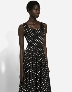 Silk charmeuse calf-length circle-skirt dress with polka-dot print
