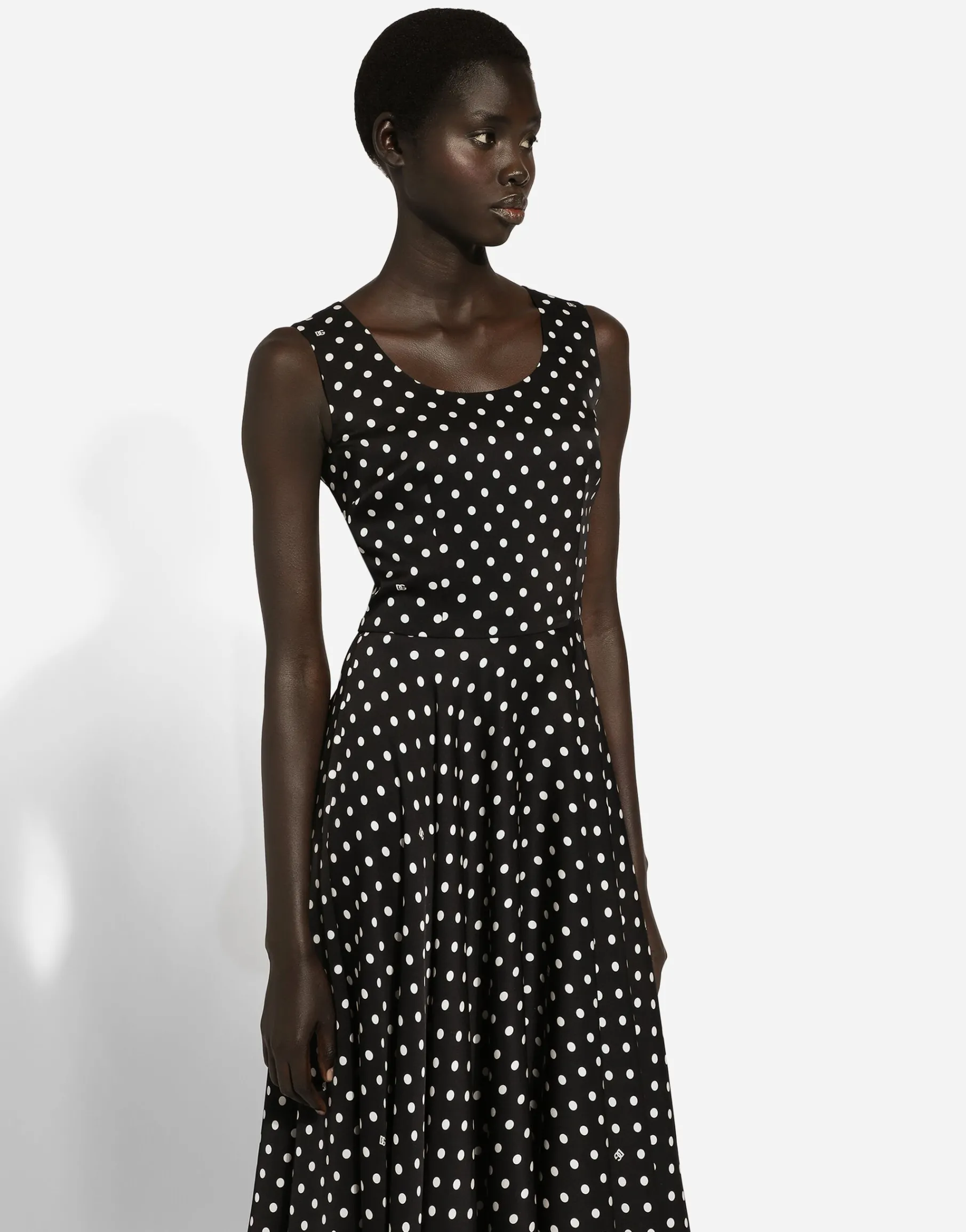 Silk charmeuse calf-length circle-skirt dress with polka-dot print