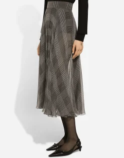 Silk chiffon calf-length circle skirt with glen plaid print