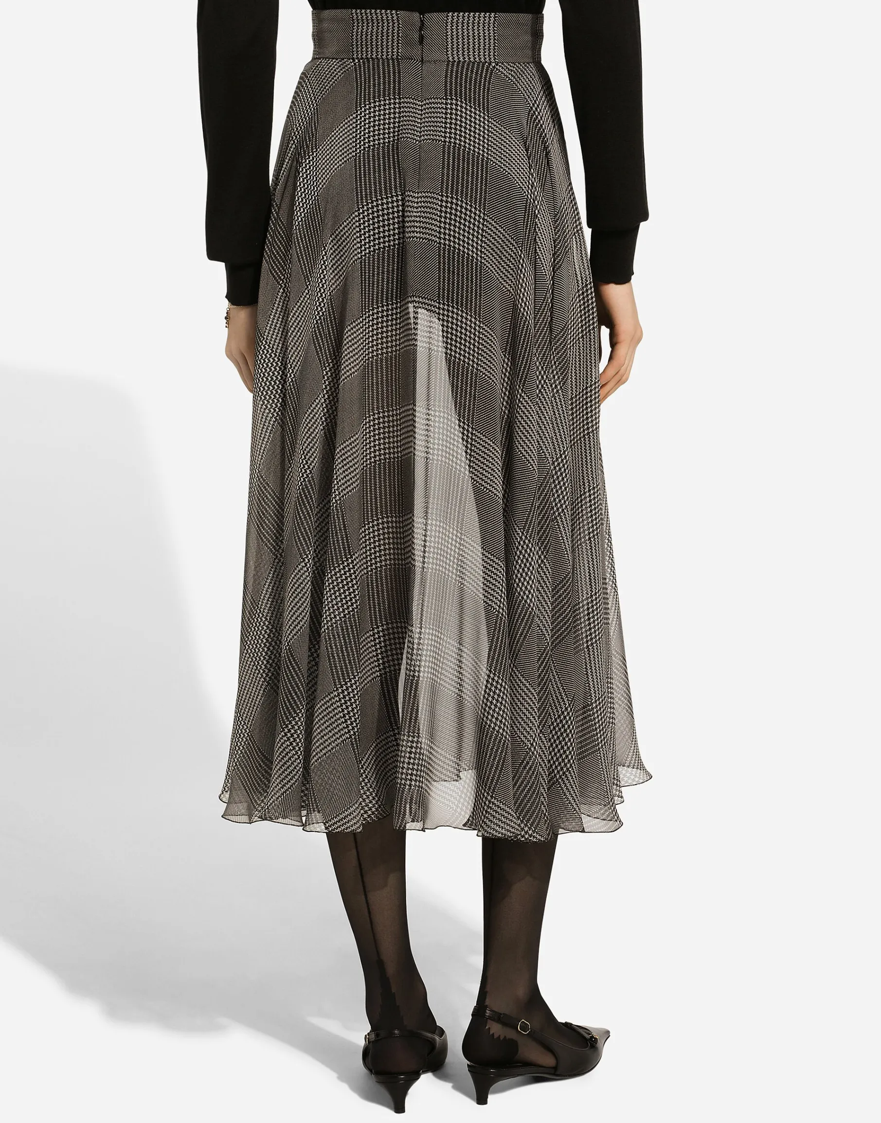 Silk chiffon calf-length circle skirt with glen plaid print