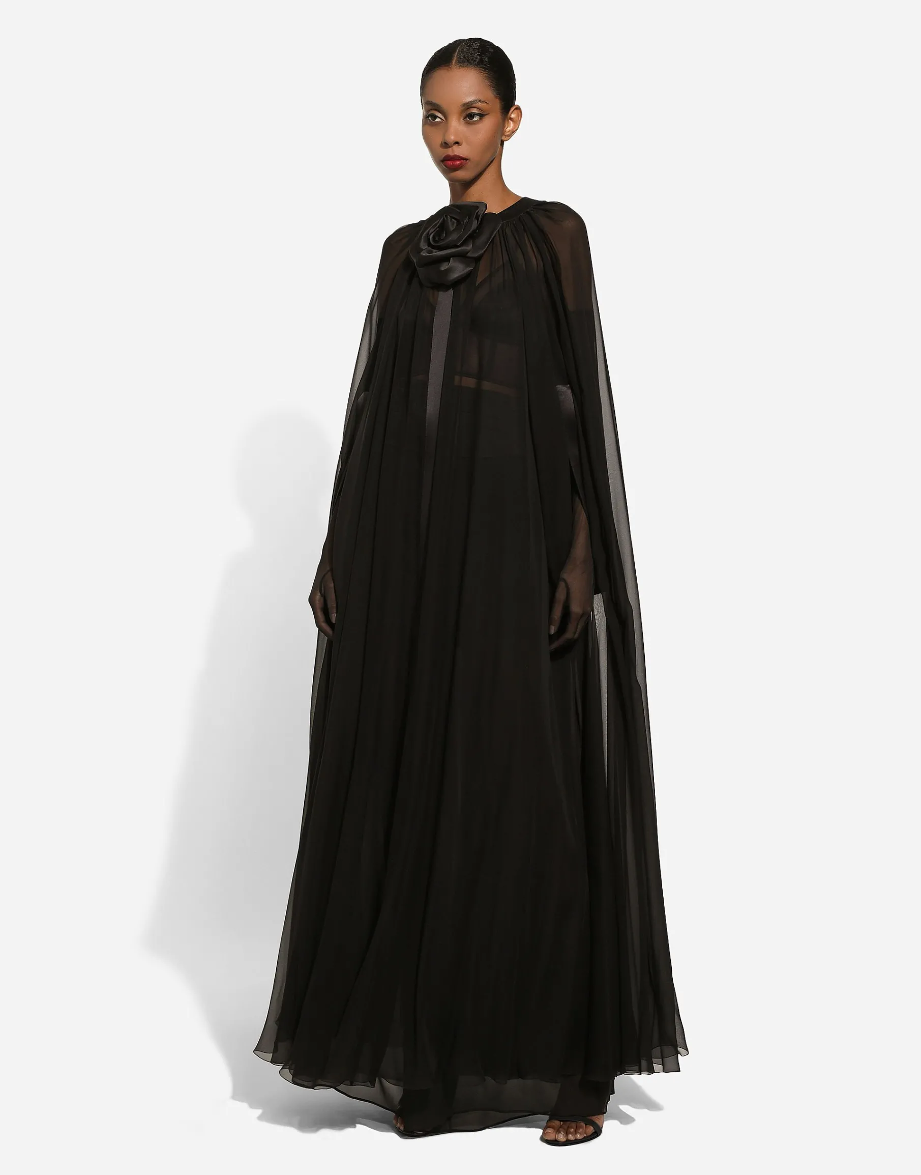 Silk chiffon cape with flower appliqué