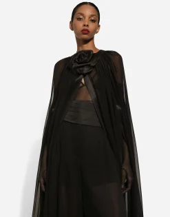 Silk chiffon cape with flower appliqué