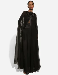 Silk chiffon cape with flower appliqué