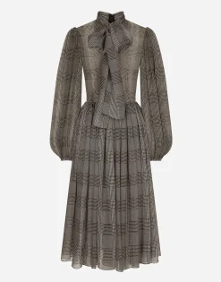 Silk chiffon dress with glen plaid print