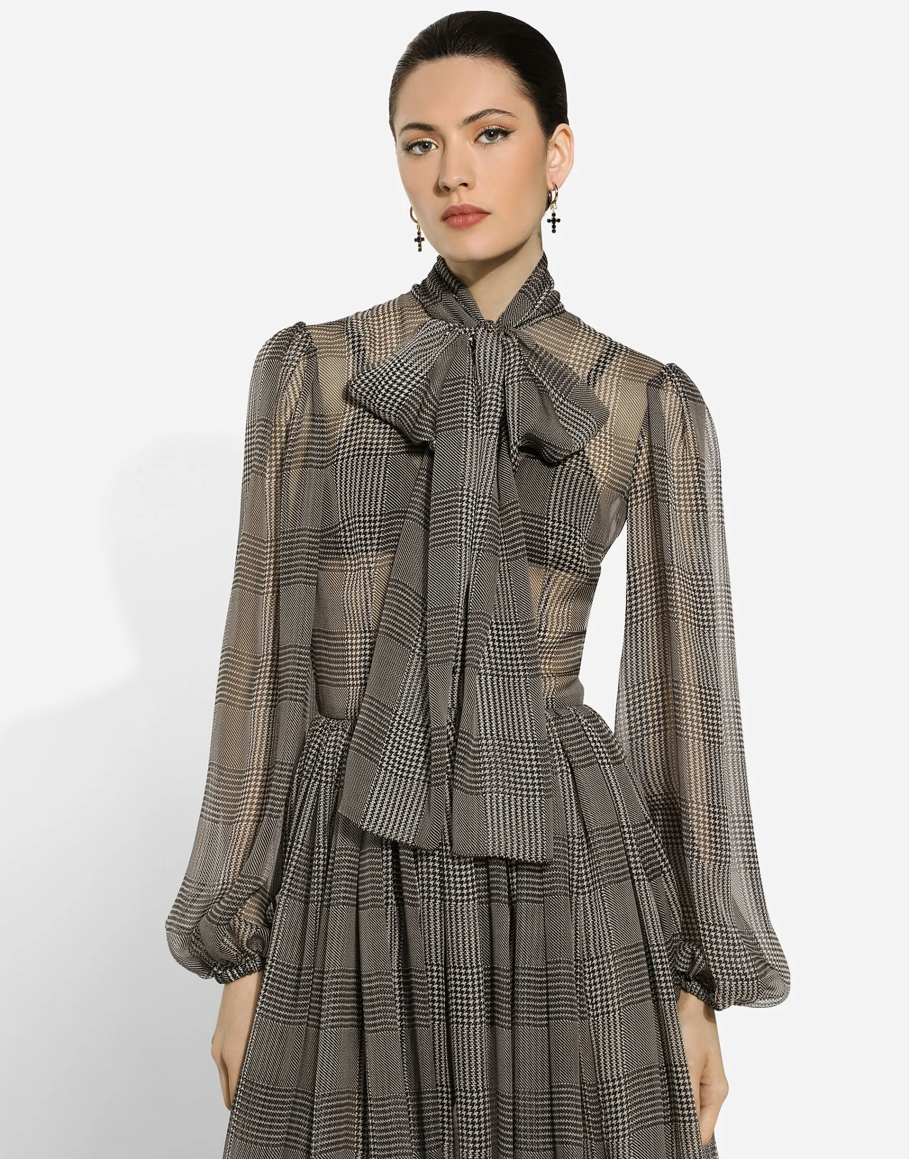 Silk chiffon dress with glen plaid print