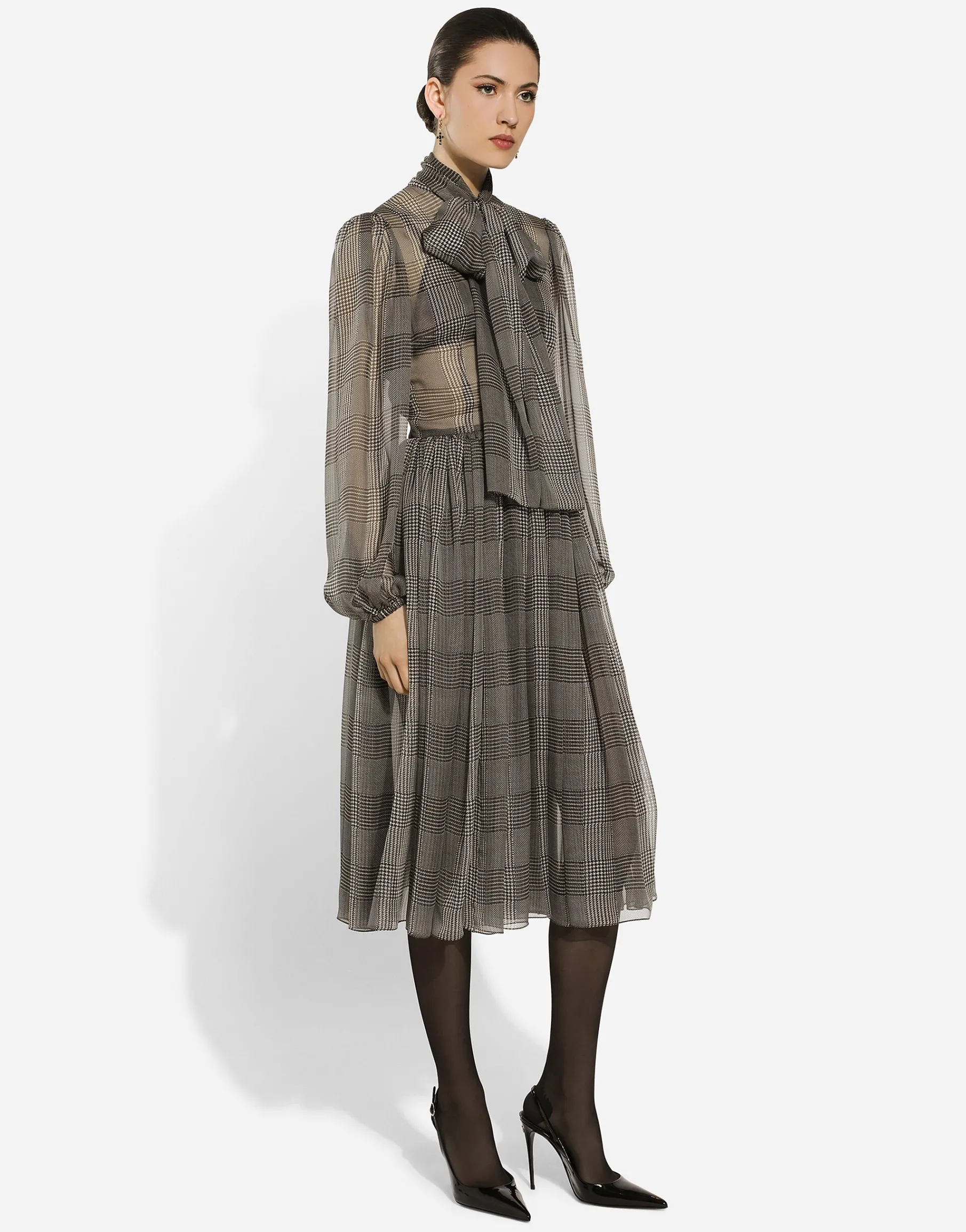 Silk chiffon dress with glen plaid print