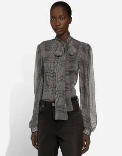 Silk chiffon shirt with glen plaid print