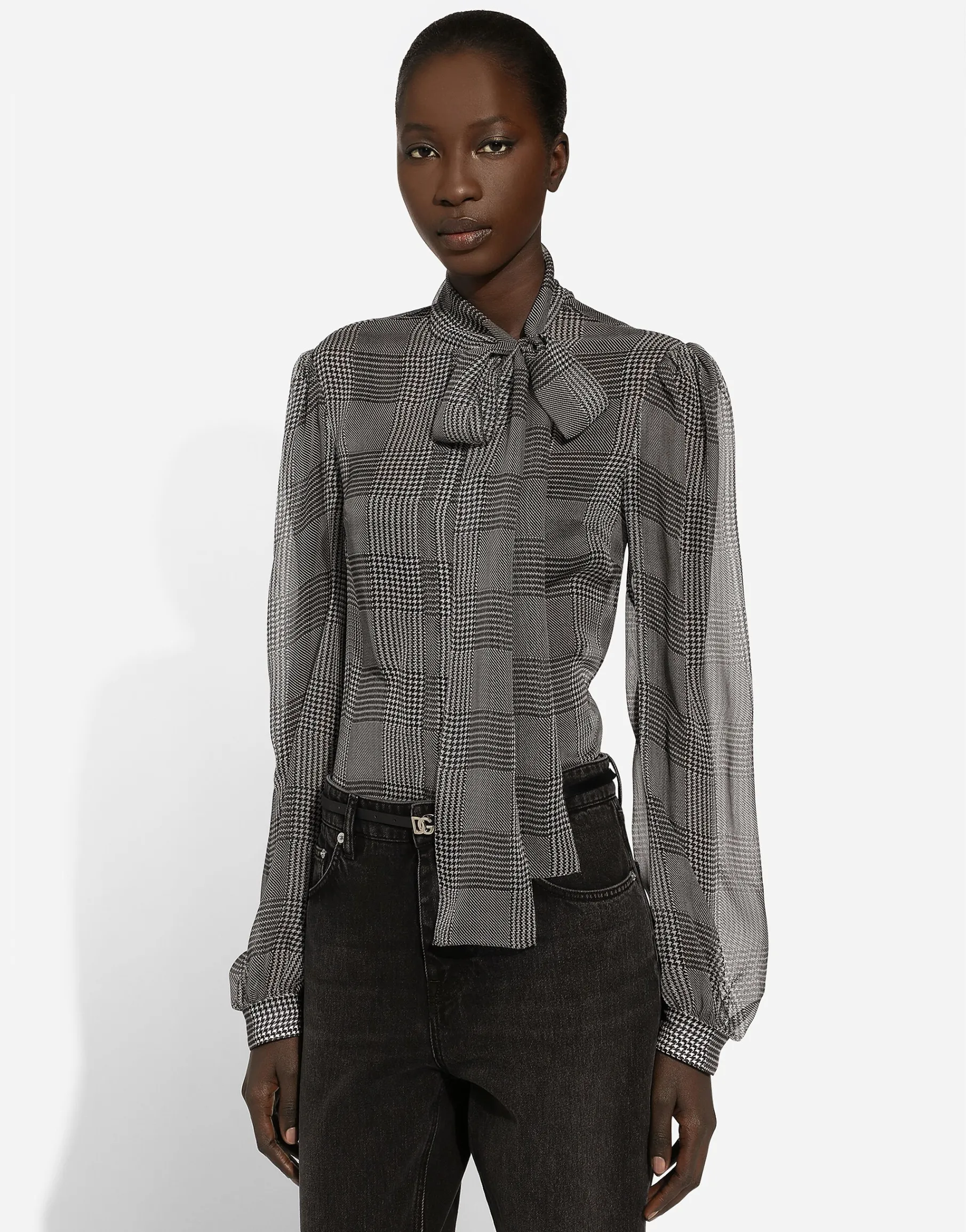 Silk chiffon shirt with glen plaid print