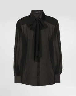 Silk chiffon shirt with pussy-bow