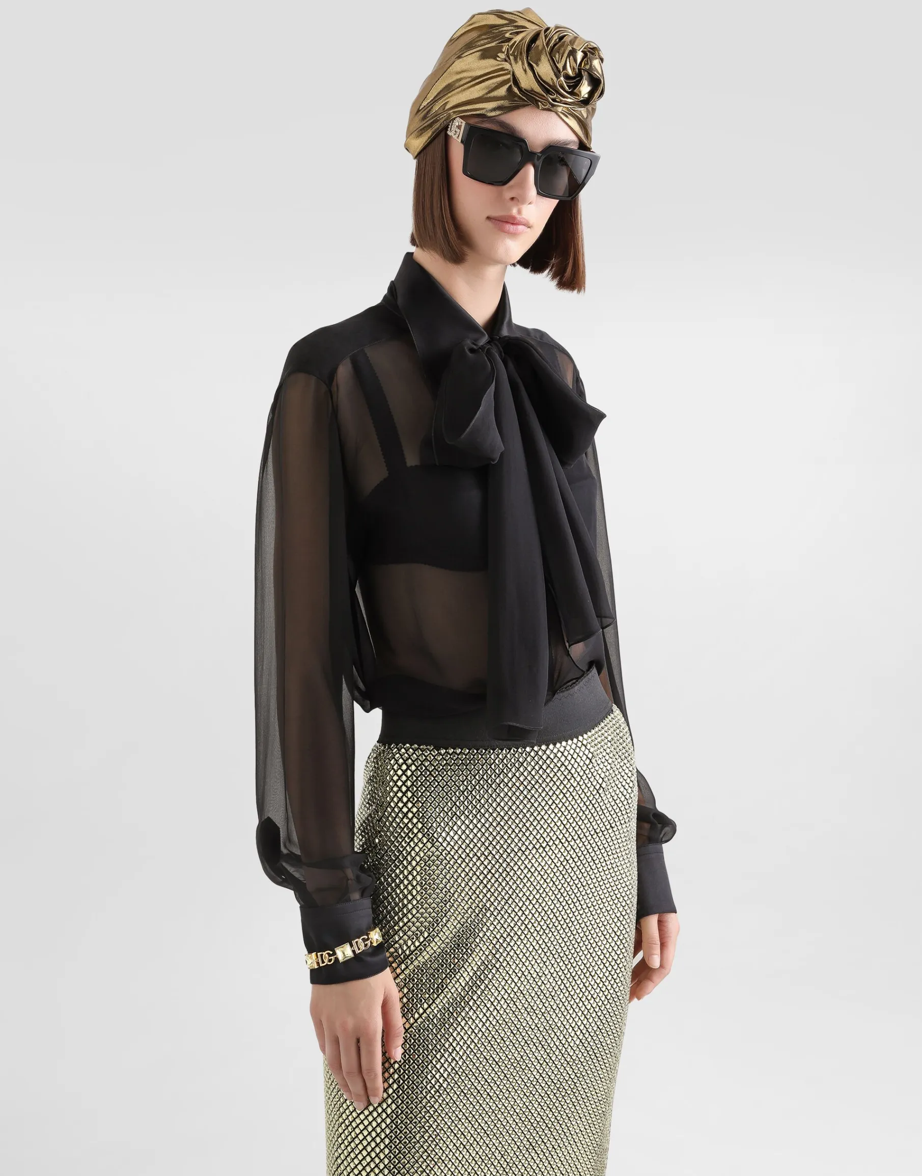 Silk chiffon shirt with pussy-bow