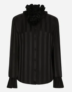 Silk jacquard shirt with pleated cuffs and collar