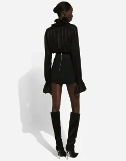 Silk jacquard shirt with pleated cuffs and collar