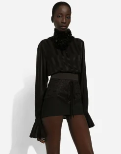 Silk jacquard shirt with pleated cuffs and collar