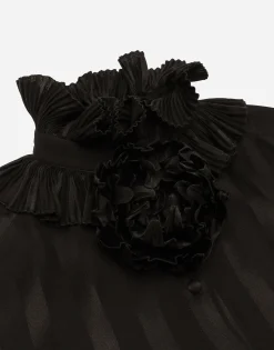 Silk jacquard shirt with pleated cuffs and collar