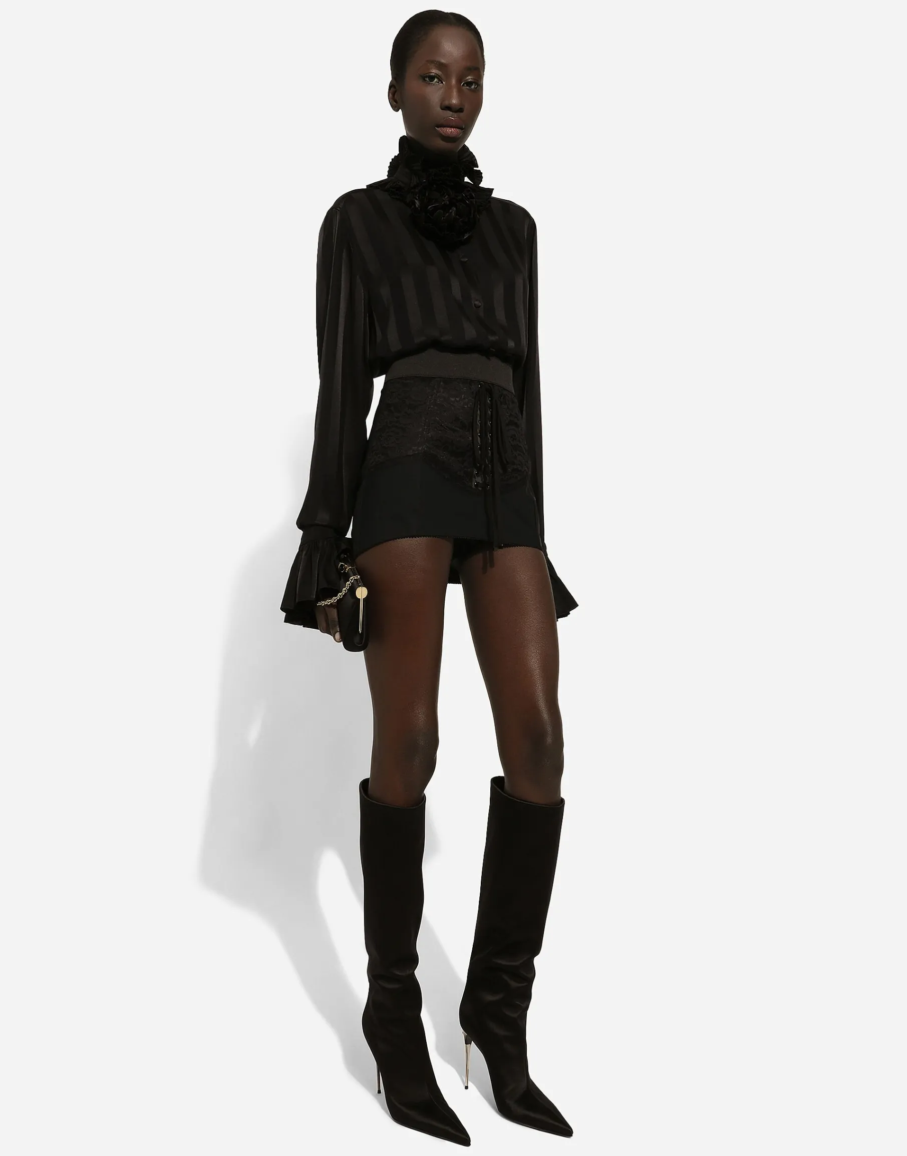 Silk jacquard shirt with pleated cuffs and collar