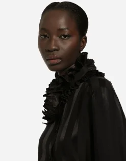 Silk jacquard shirt with pleated cuffs and collar