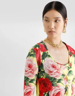 Silk knit cardigan with bouquet print