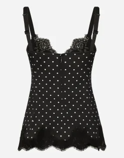 Silk lingerie-style top with polka-dot print and lace detailing