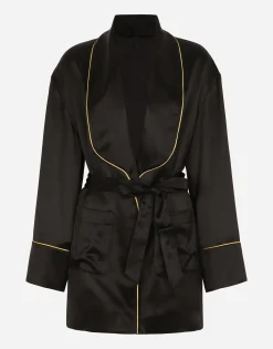 Silk long-sleeved pajama jacket with belt