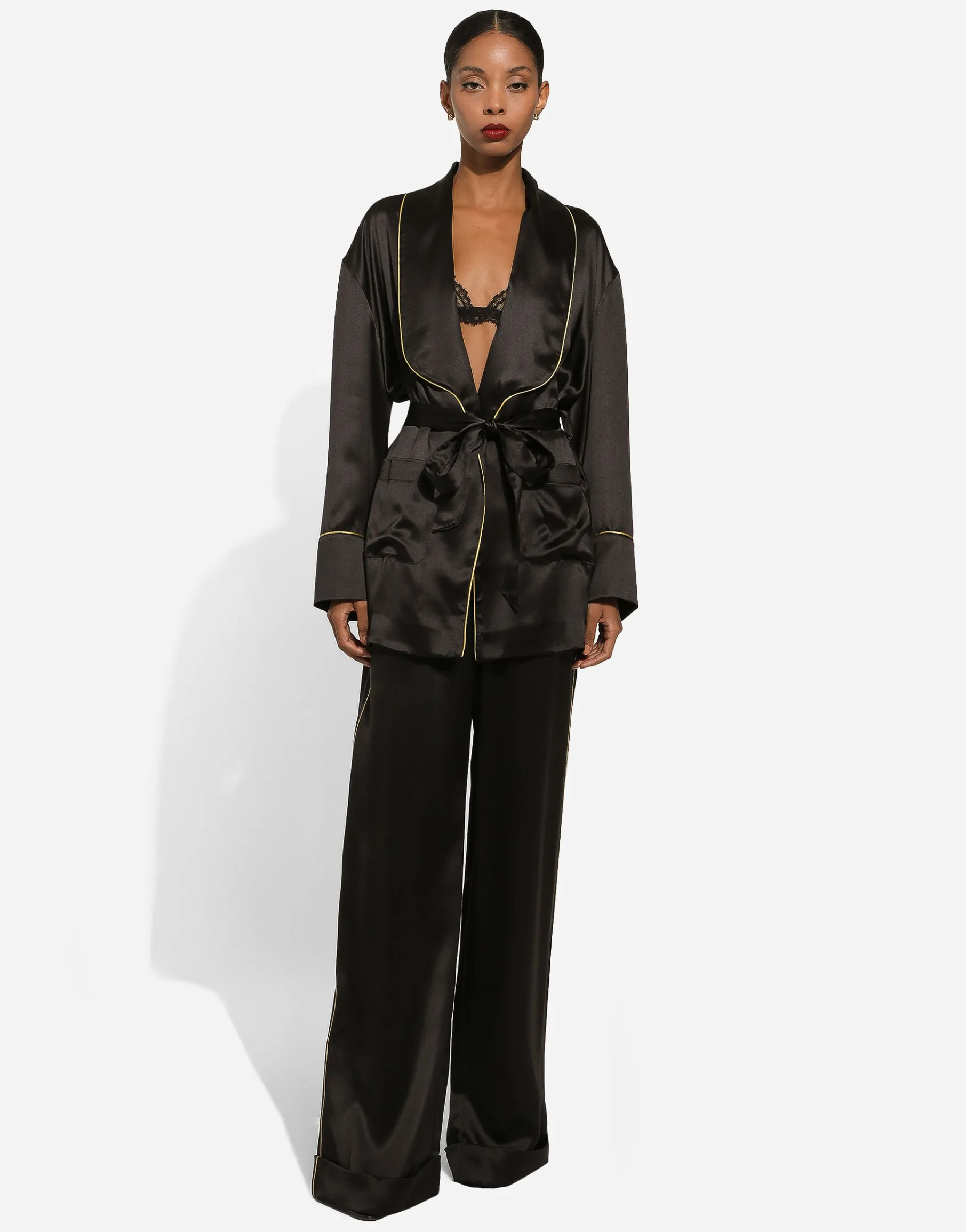 Silk long-sleeved pajama jacket with belt