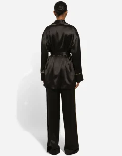 Silk long-sleeved pajama jacket with belt