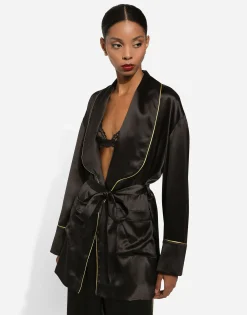 Silk long-sleeved pajama jacket with belt