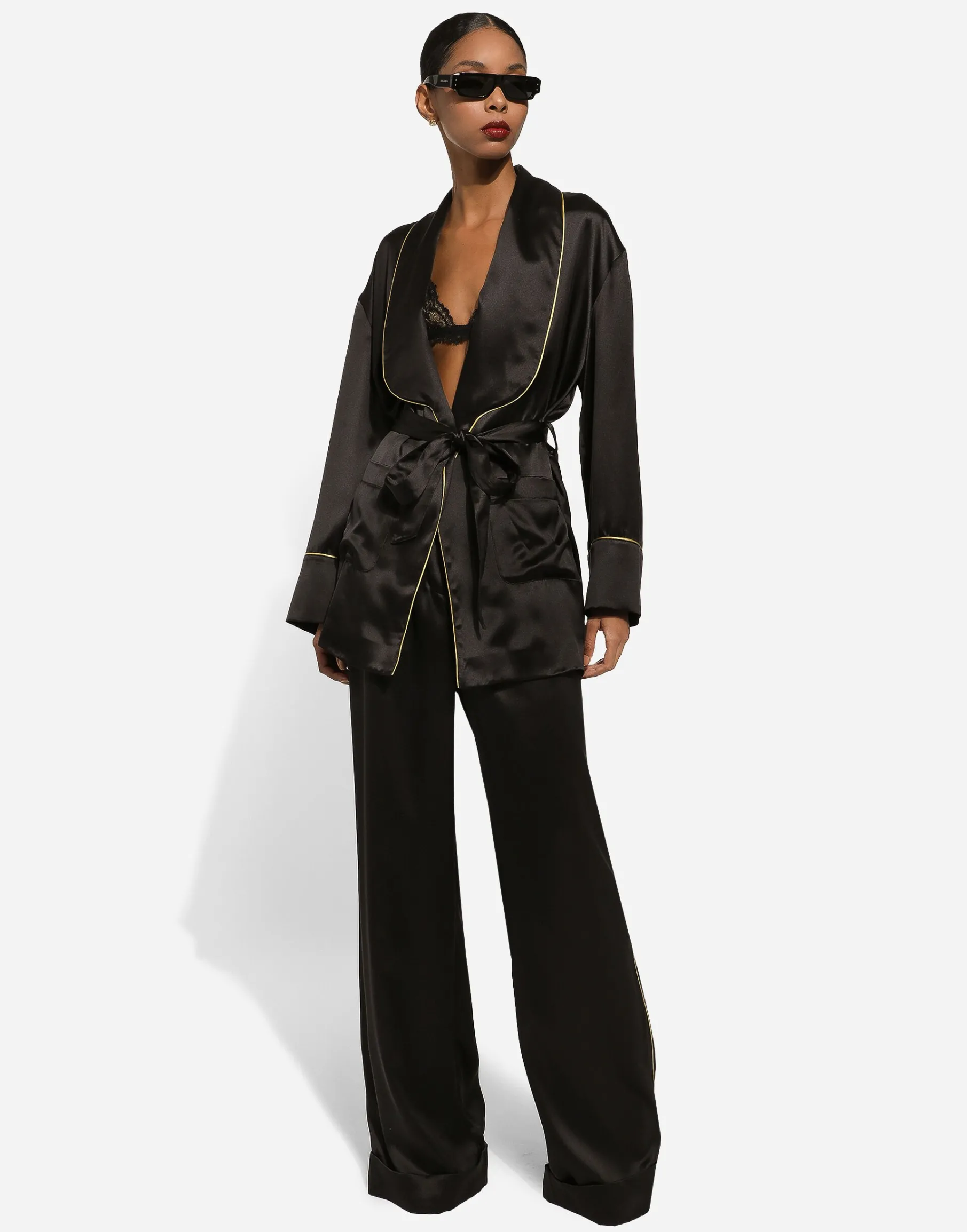 Silk long-sleeved pajama jacket with belt