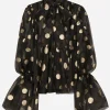 Silk organza jacquard blouse with polka-dot design and pussy-bow