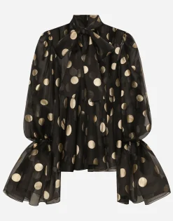 Silk organza jacquard blouse with polka-dot design and pussy-bow