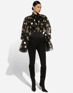 Silk organza jacquard blouse with polka-dot design and pussy-bow