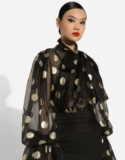Silk organza jacquard blouse with polka-dot design and pussy-bow