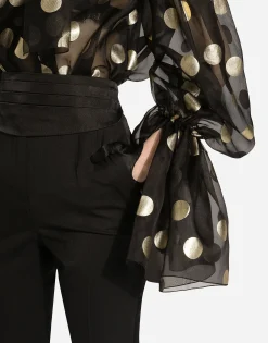 Silk organza jacquard blouse with polka-dot design and pussy-bow