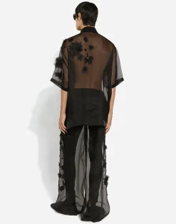 Silk organza jogging pants with embroidery