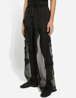 Silk organza jogging pants with embroidery