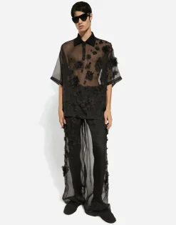 Silk organza jogging pants with embroidery