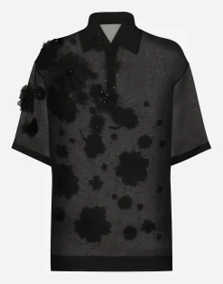 Silk organza polo shirt with embroidery
