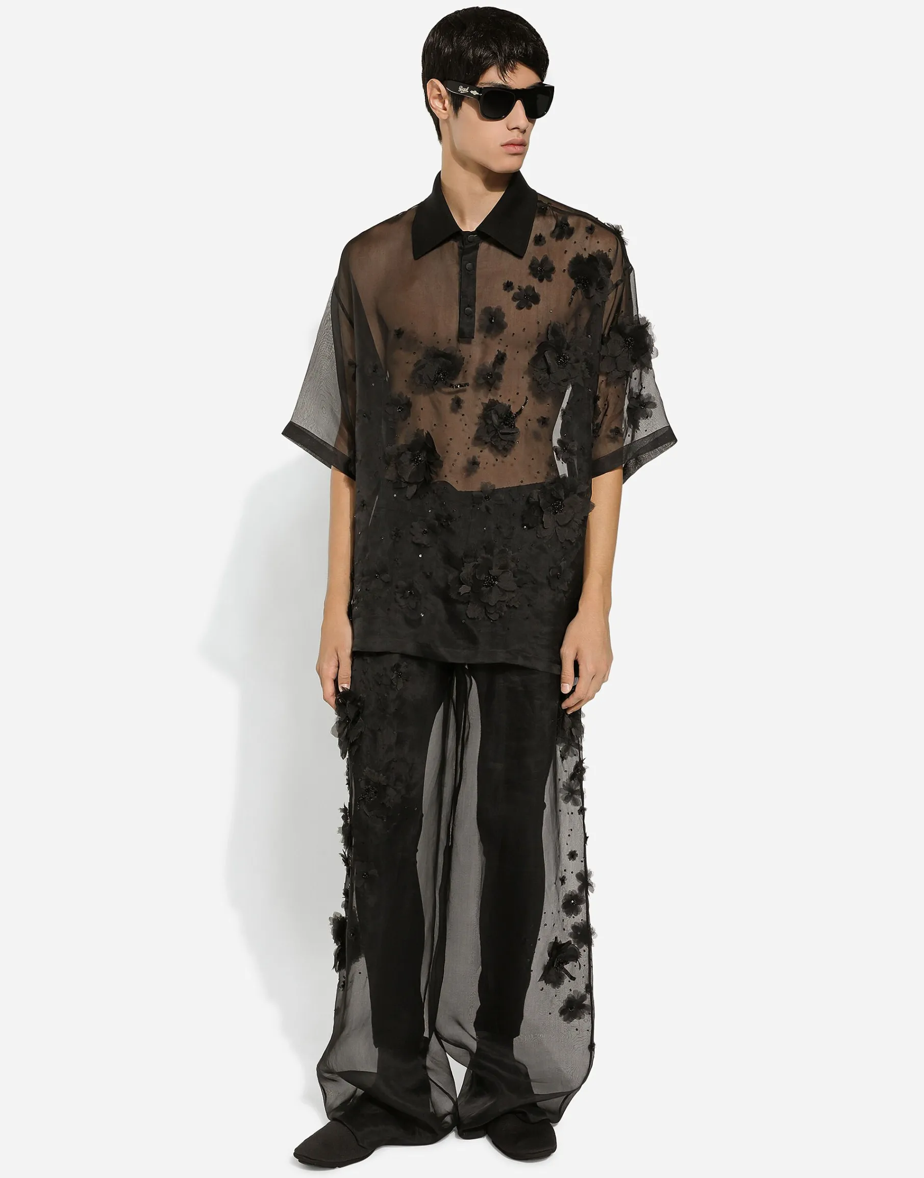 Silk organza polo shirt with embroidery