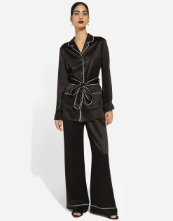Silk pajama pants with contrasting piping
