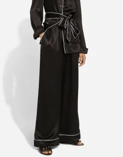Silk pajama pants with contrasting piping